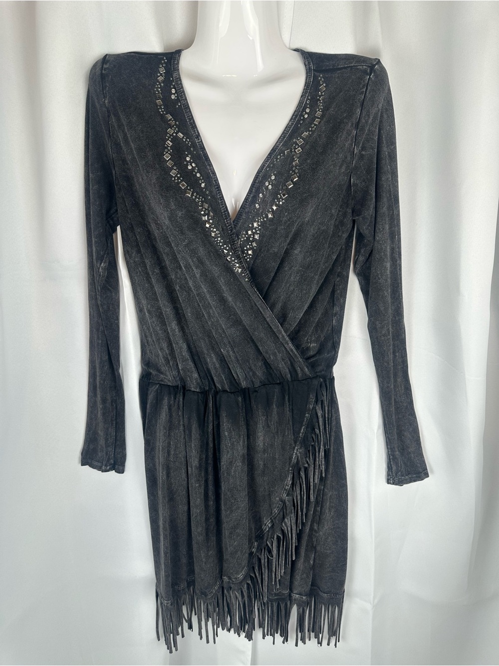 T Party Dark Grey Acid Wash Long Sleeve Faux Wrap Fringe Mini Dress Size Small